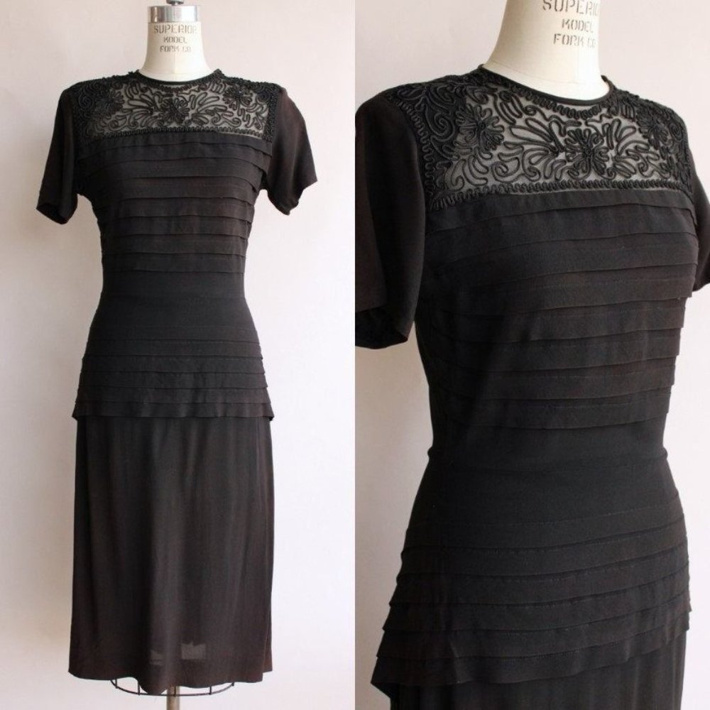 Vintage 1940s Dress / Black Rayon Dress With Soutache Trim, Peplum, and Shoulder